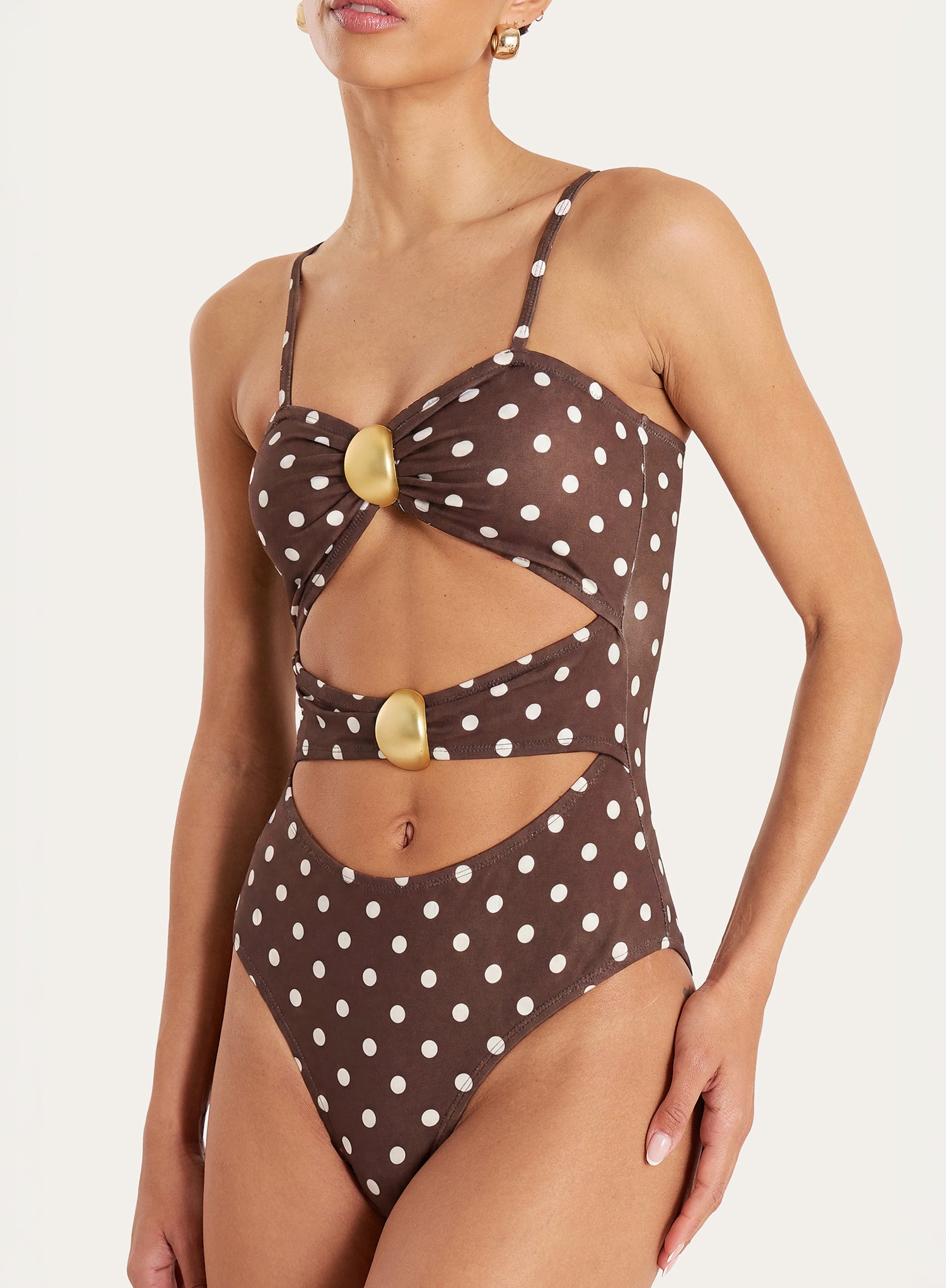 Brown And White Polka Dot Cut Out Hardware Detail Swimsuit
